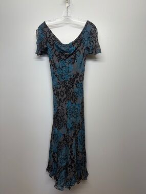 Eva Blue Flowing Pattern Rhinestone Flutter Sleeve Maxi Dress